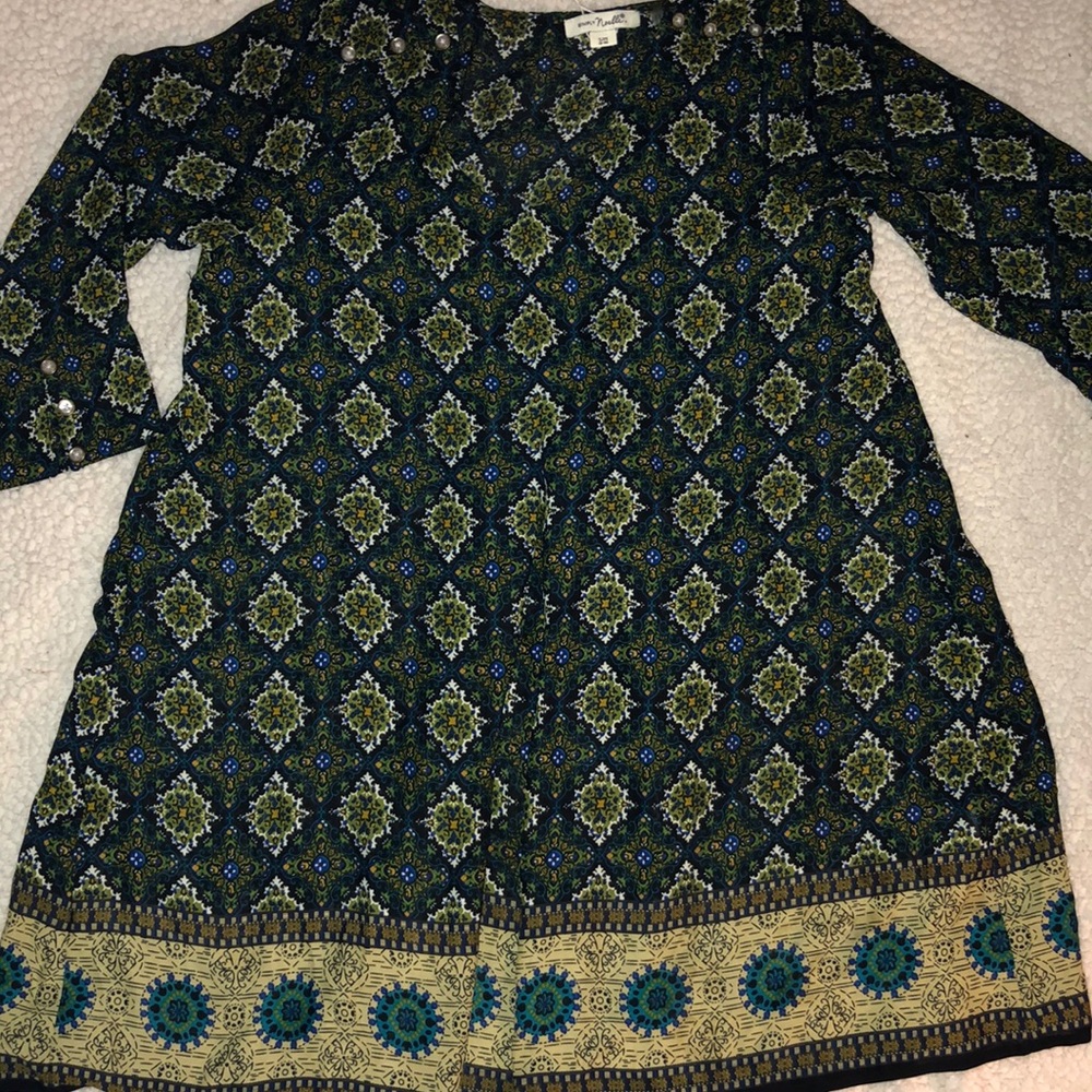 S/M green/ tan silky dress